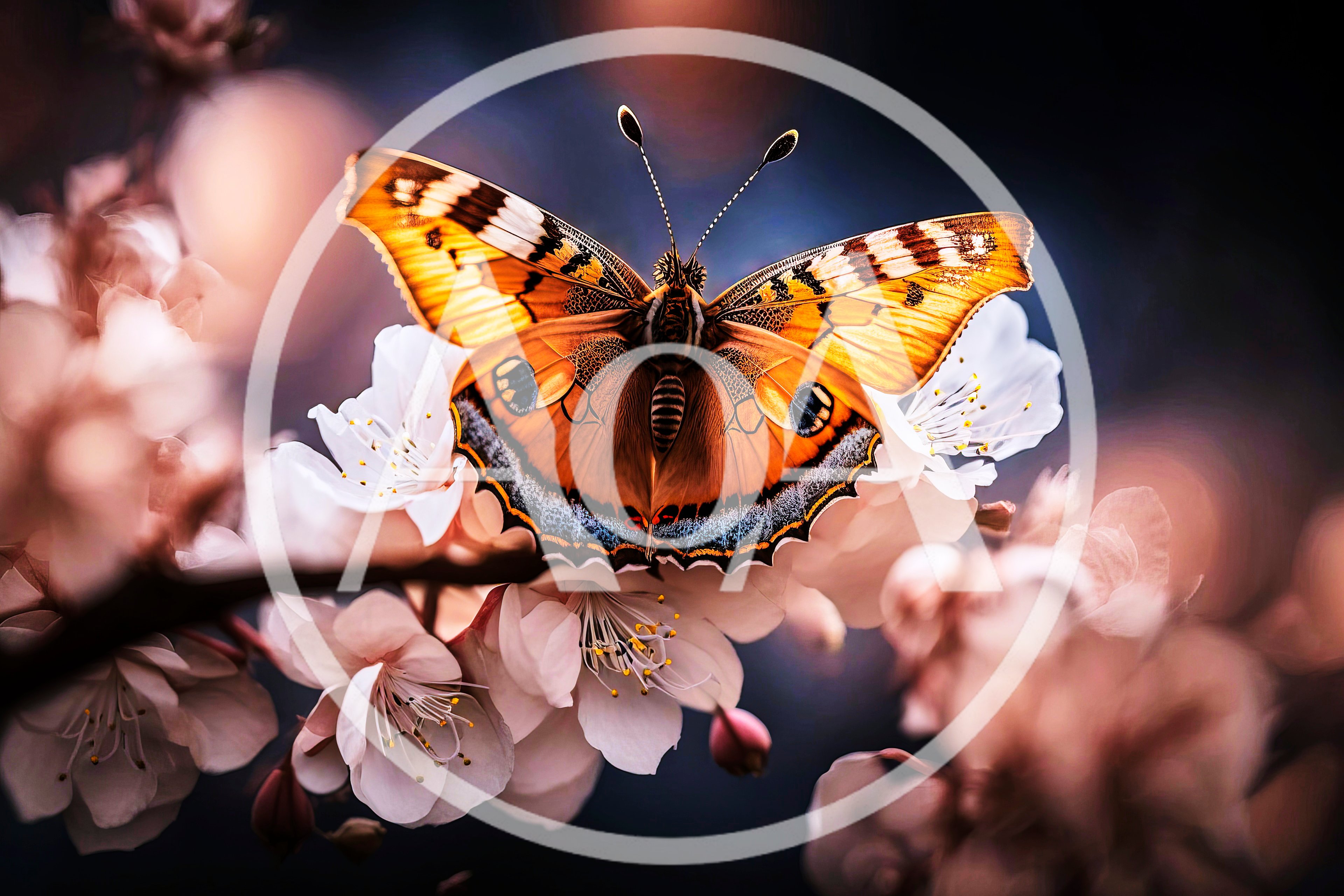 Orange Butterfly Resting On White Cherry Blossoms