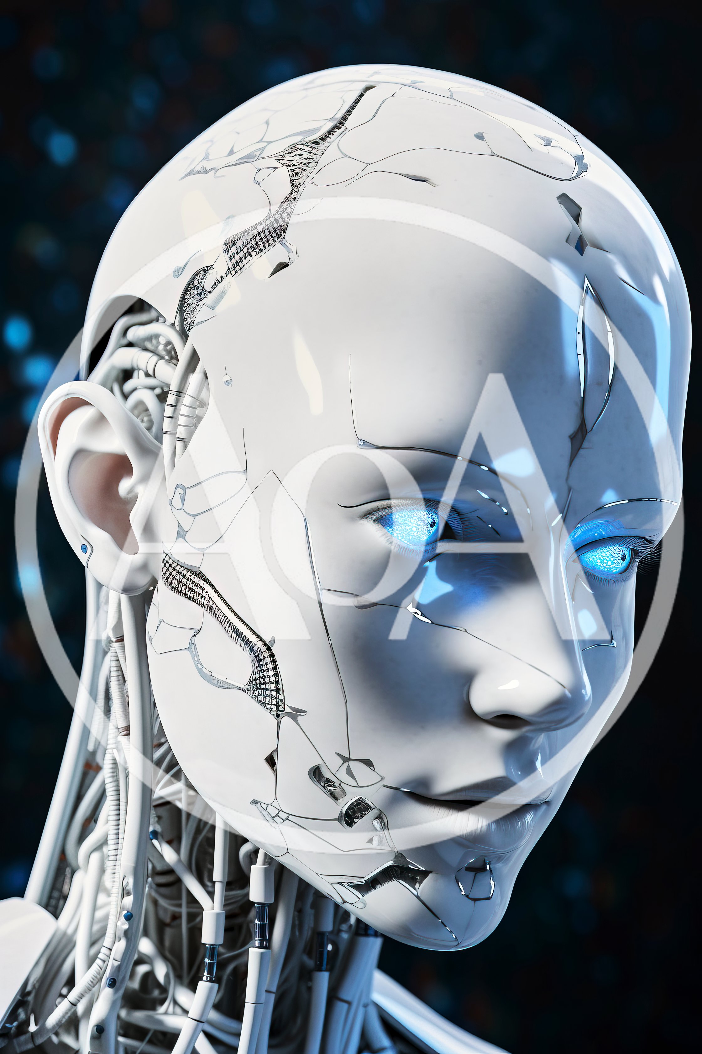 Futuristic Android Head With Glowing Blue Eyes