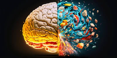 Conceptual Split Brain Illustration With Abstract Colorful Explosion