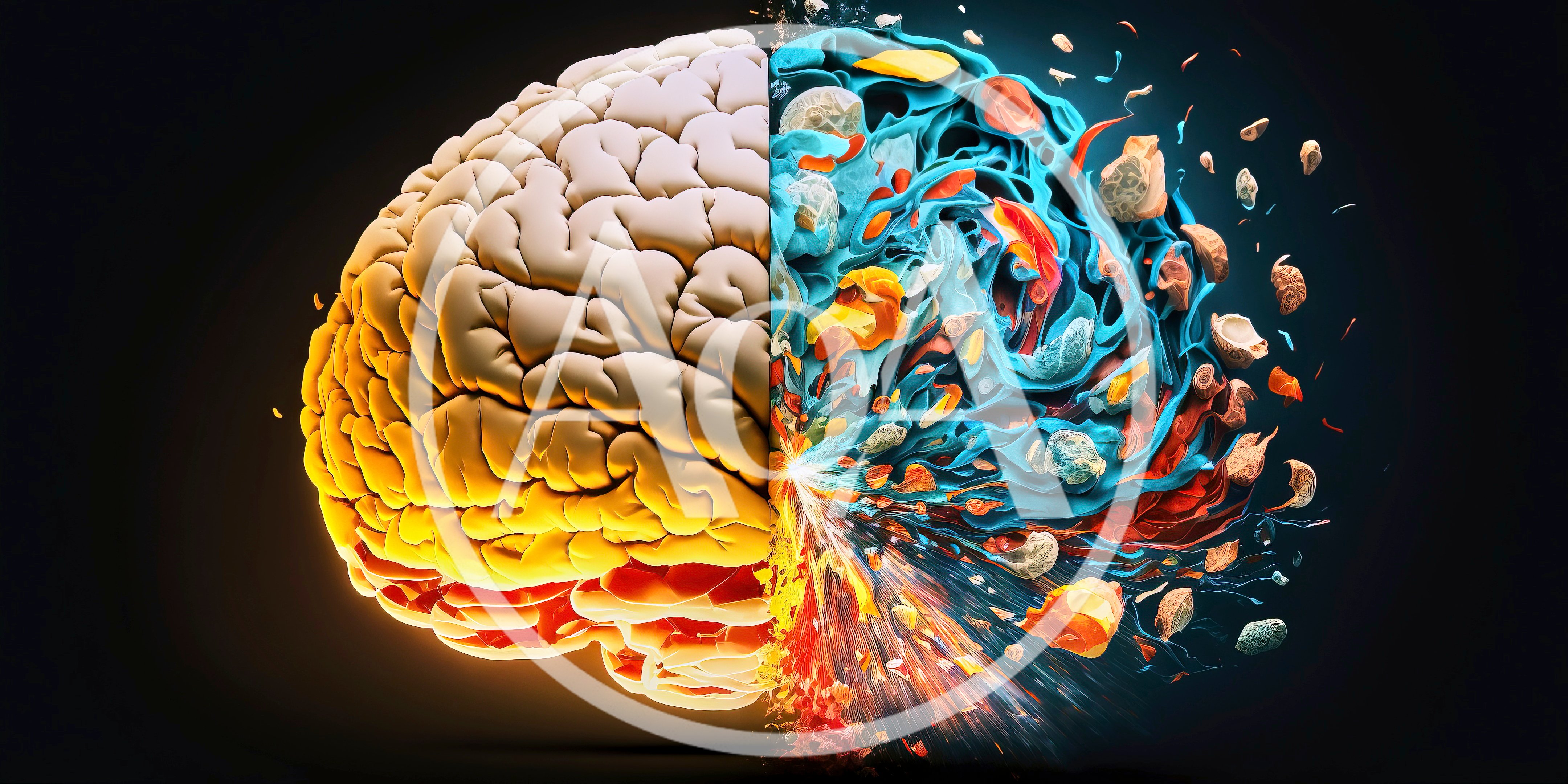 Conceptual Split Brain Illustration With Abstract Colorful Explosion