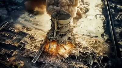 Aerial View Of A Collapsing Industrial Cooling Tower