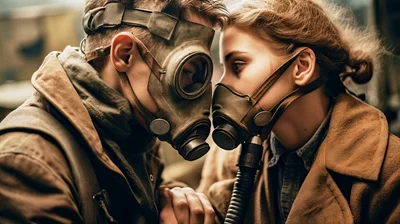 Young Couple Wearing Gas Masks In Post-Apocalyptic Setting