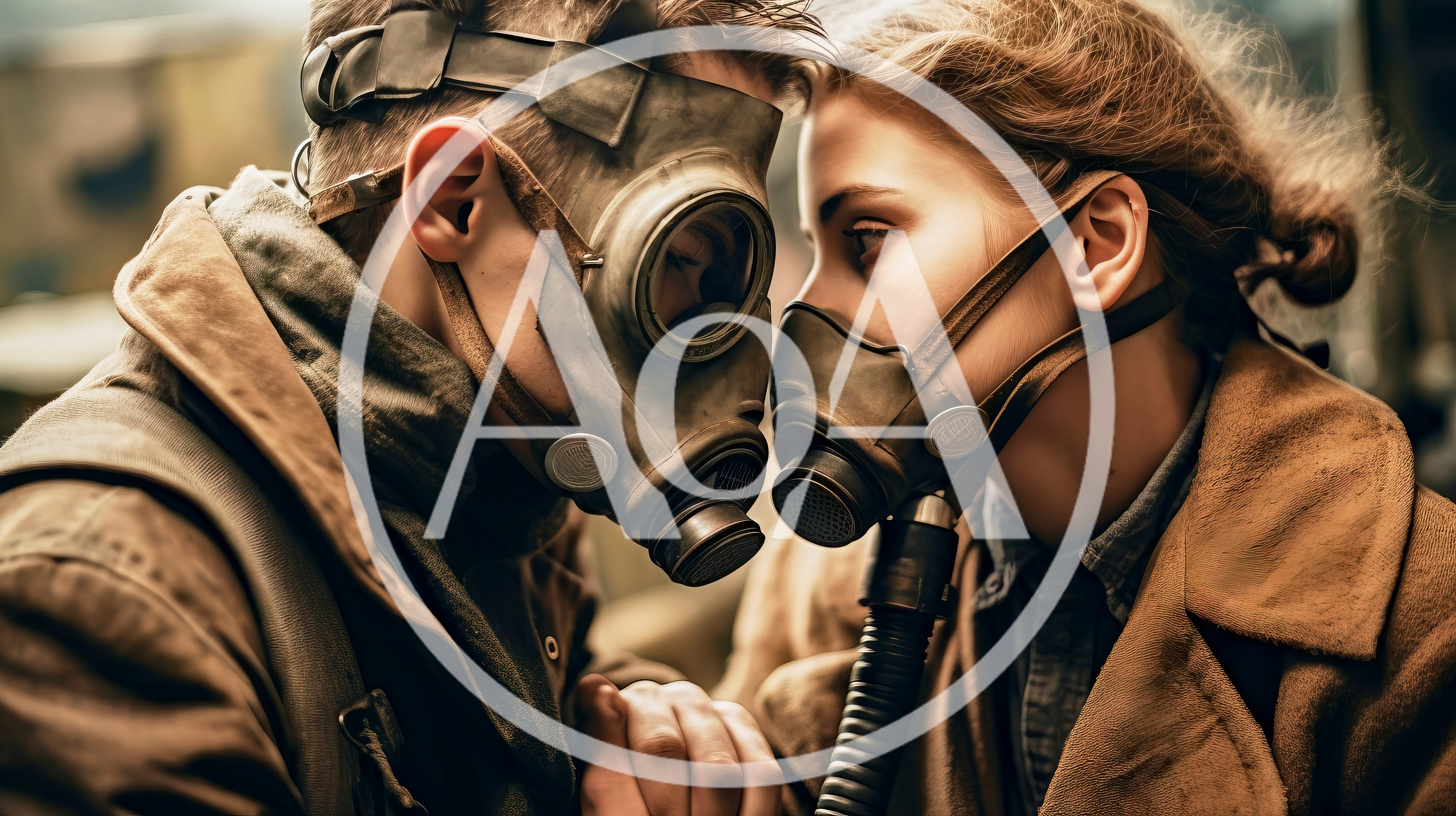 Young Couple Wearing Gas Masks In Post-Apocalyptic Setting