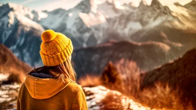 Woman Wearing Yellow Beanie Looking At Snowy Mountains