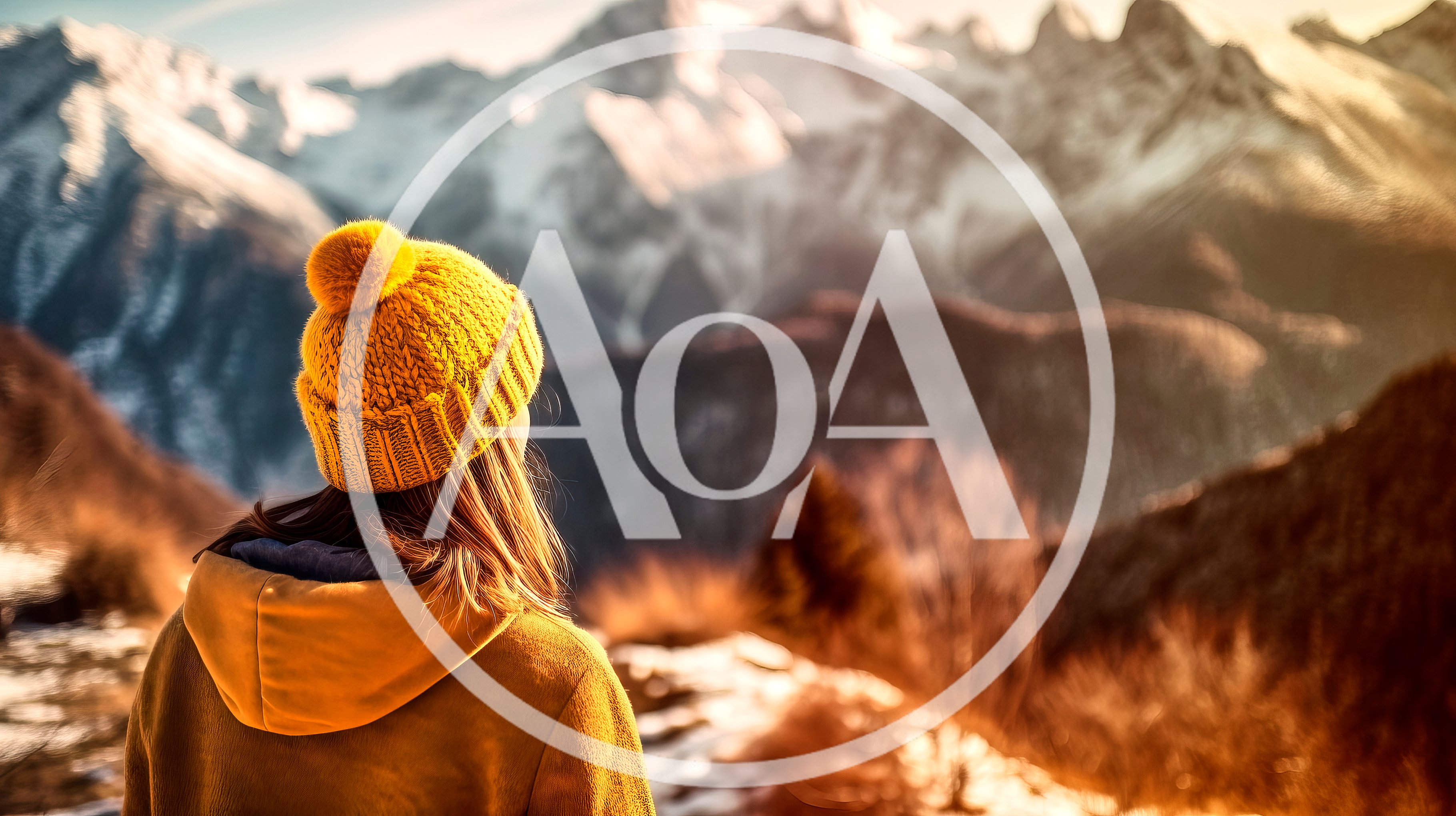Woman Wearing Yellow Beanie Looking At Snowy Mountains