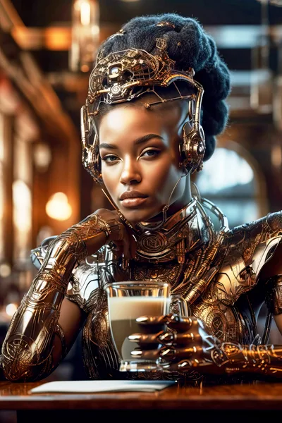 Futuristic Cyborg Woman Drinking Coffee In A Cafe