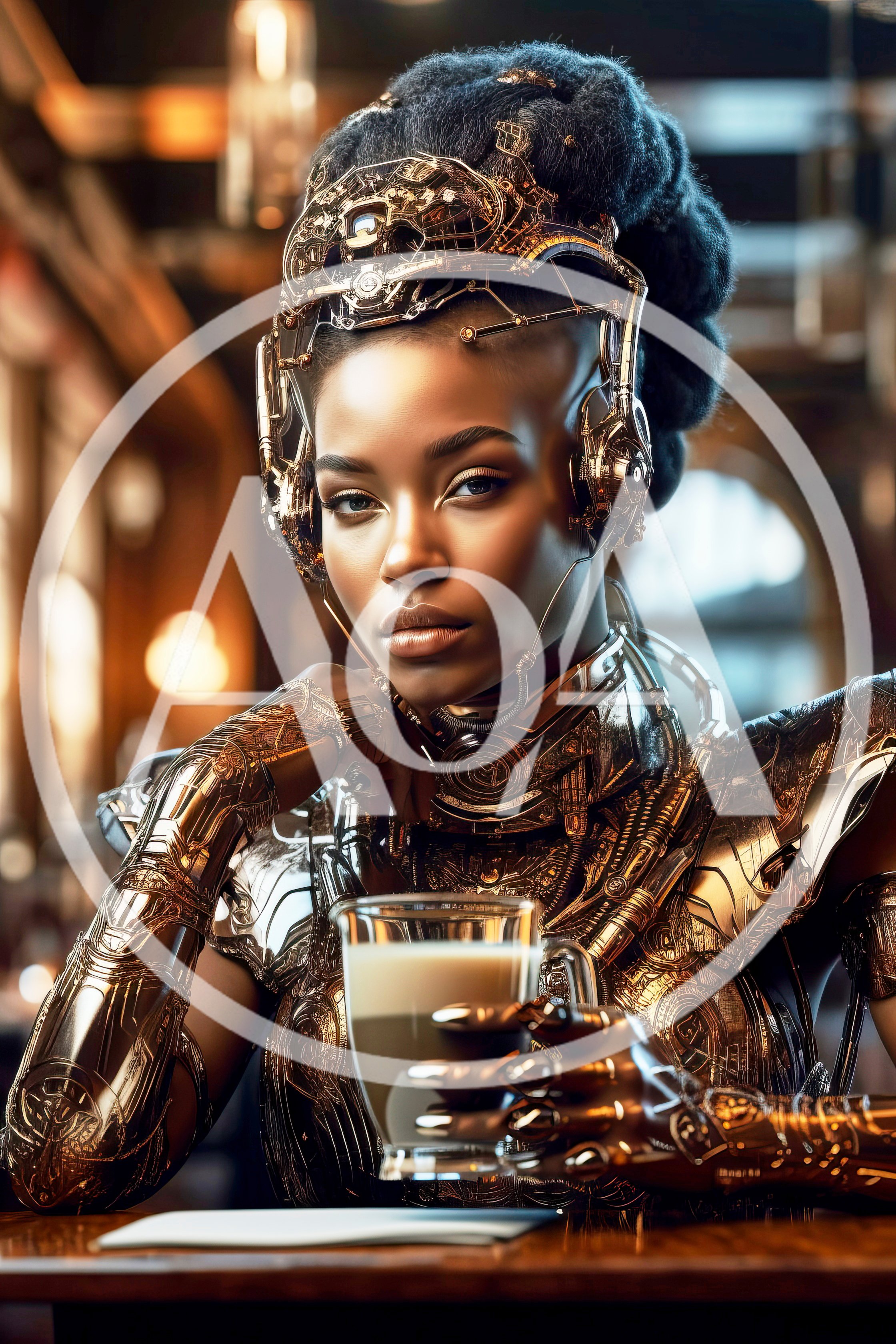 Futuristic Cyborg Woman Drinking Coffee In A Cafe