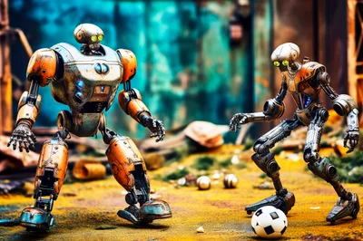 Two Futuristic Robots Playing Soccer In A Ruined Landscape
