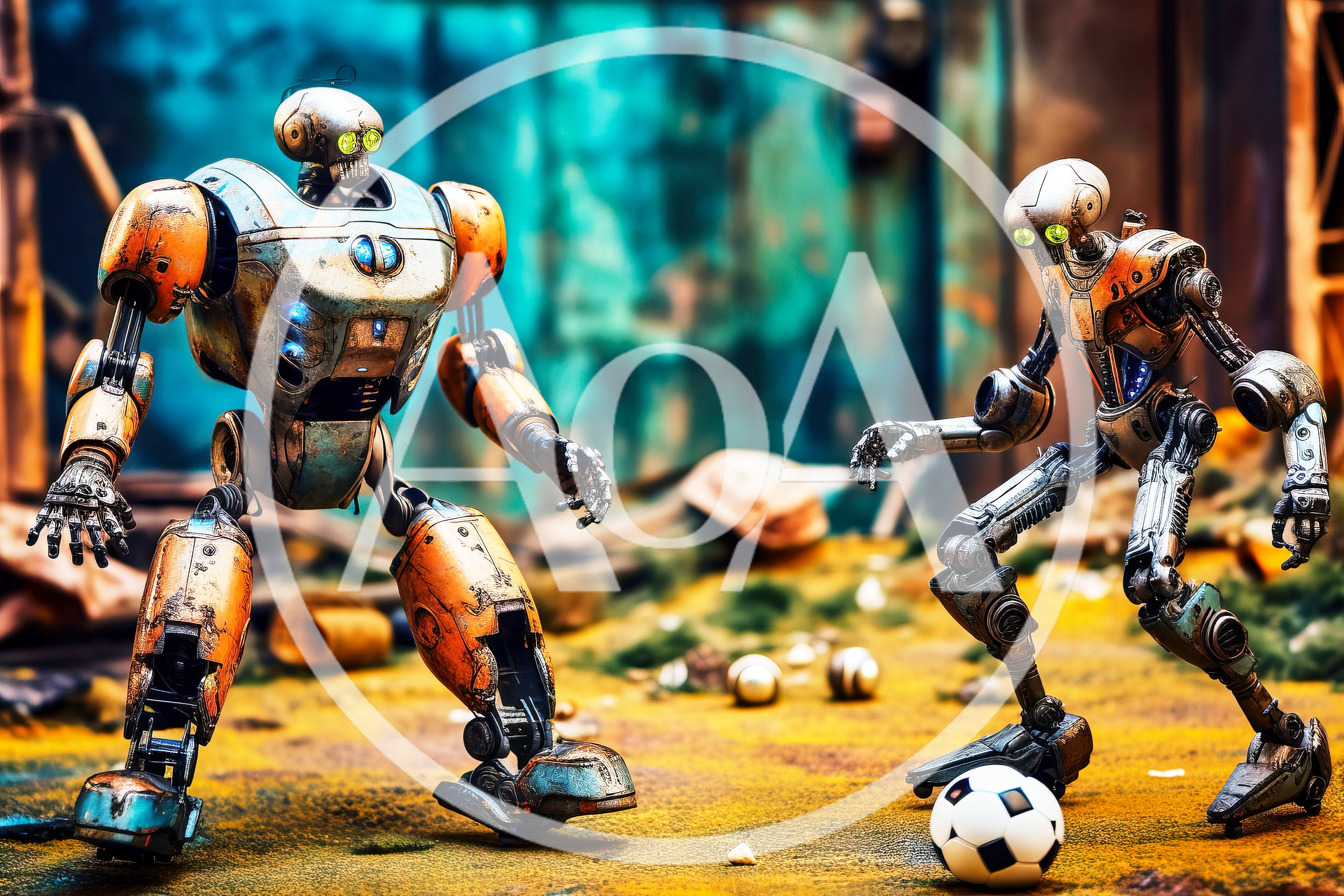 Two Futuristic Robots Playing Soccer In A Ruined Landscape