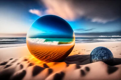 Surreal Glass Sphere Reflecting Ocean Waves On Sandy Beach