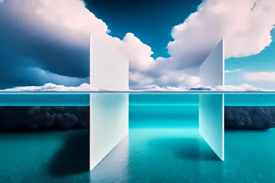 Surreal Minimalist White Walls Dividing Ocean and Sky