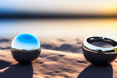 Metallic Sphere and Ring on Sandy Beach