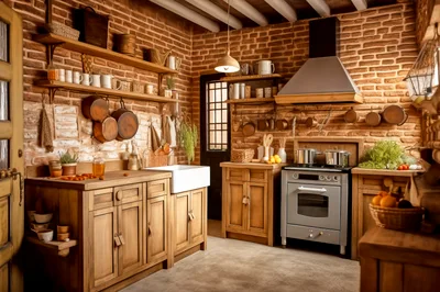 Rustic Kitchen Interior With Brick Walls And Wooden Cabinets