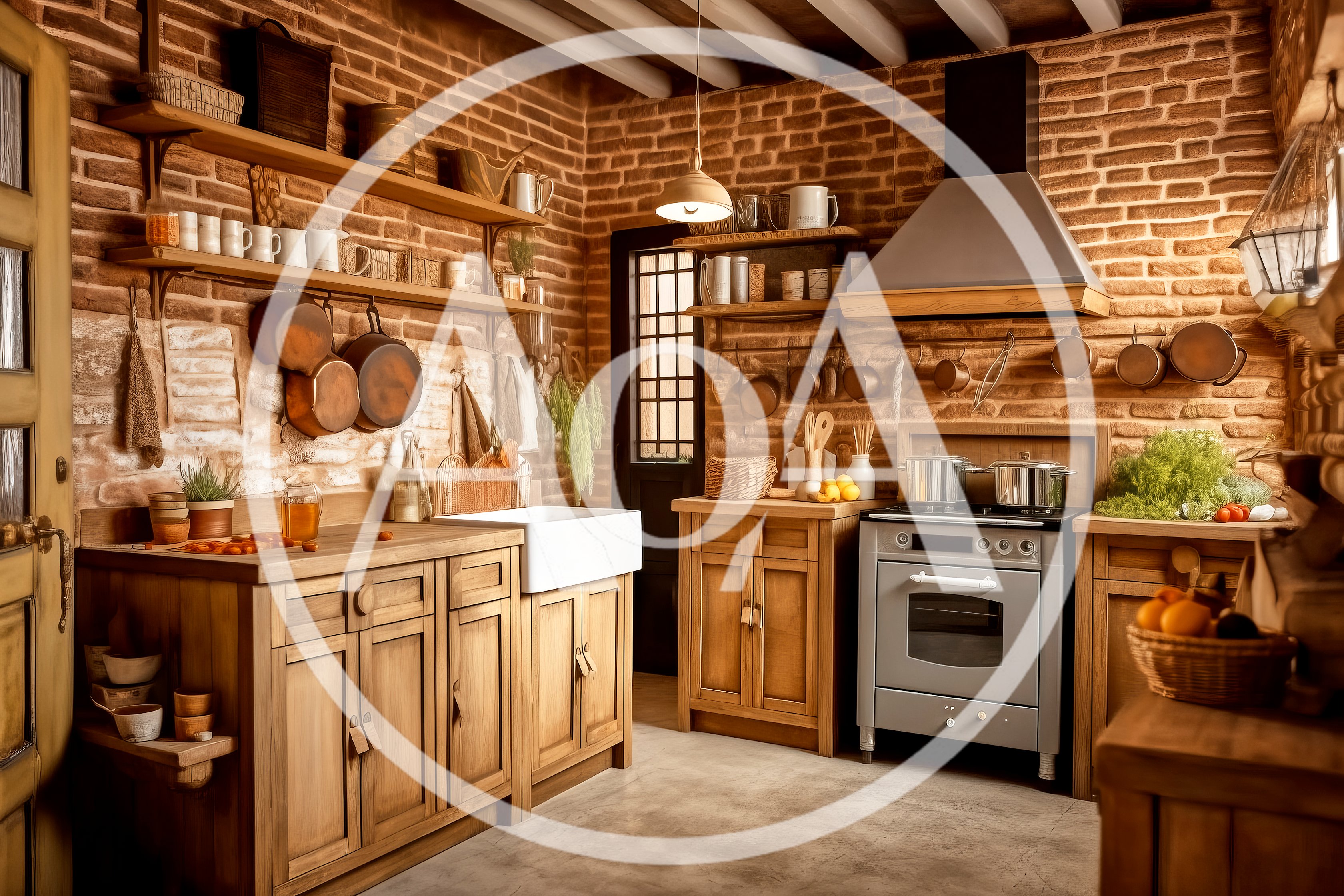 Rustic Kitchen Interior With Brick Walls And Wooden Cabinets