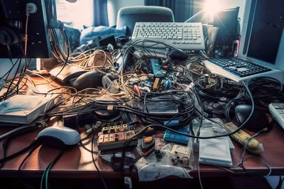 Cluttered Computer Desk With Tangled Cables And Electronics