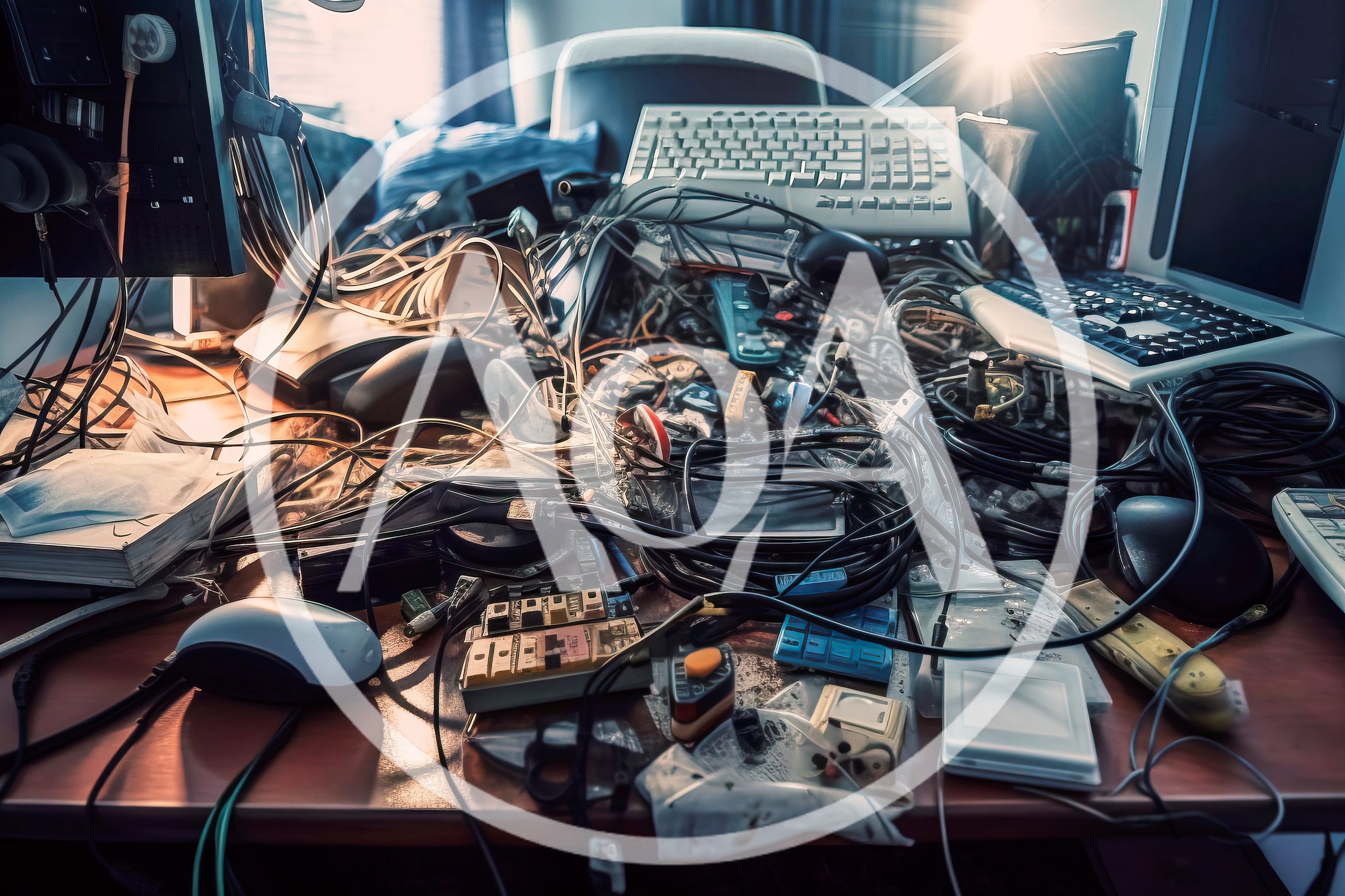 Cluttered Computer Desk With Tangled Cables And Electronics