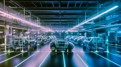 Digital Wireframe Car Models In Futuristic Automated Factory