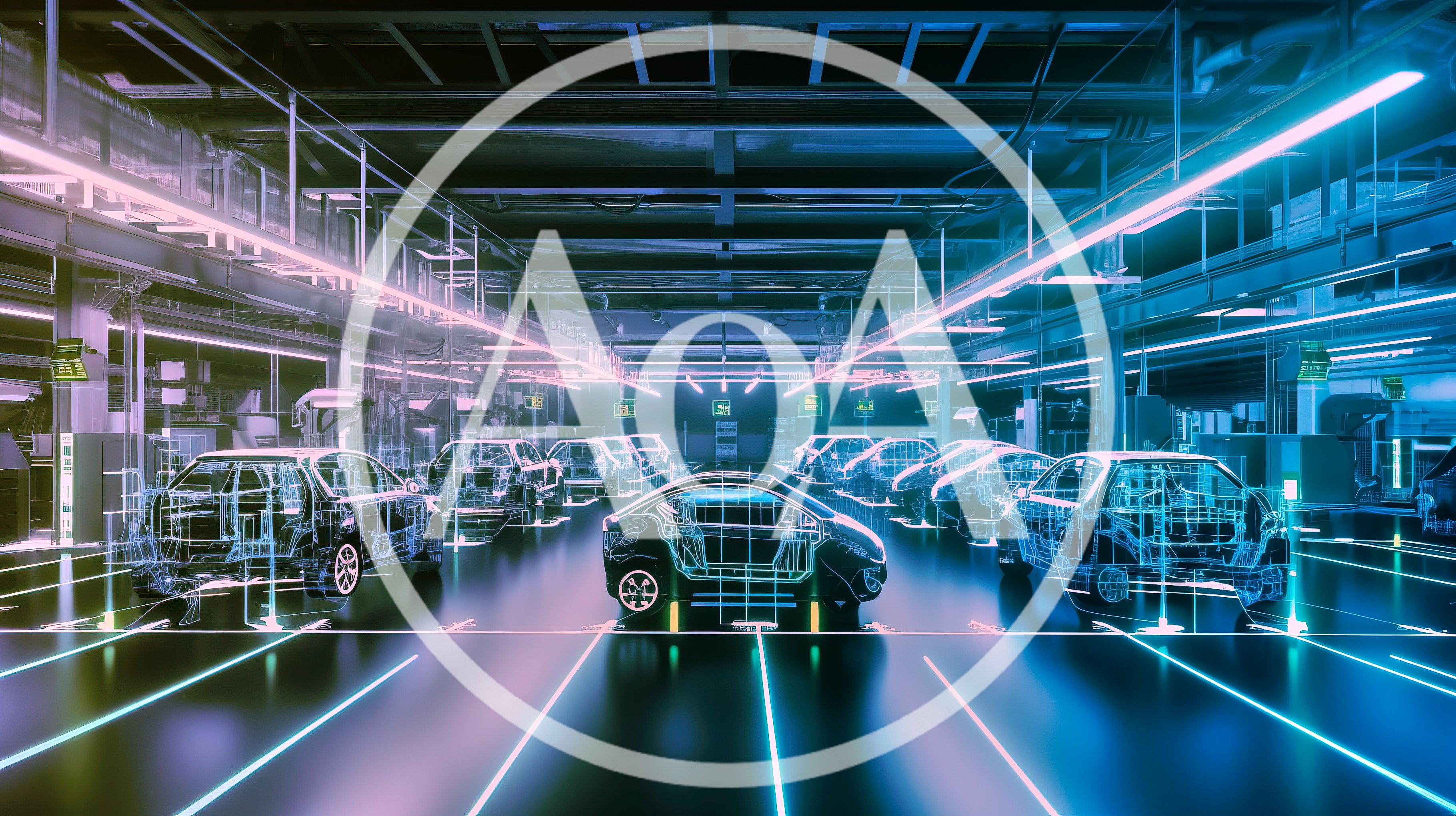Digital Wireframe Car Models In Futuristic Automated Factory