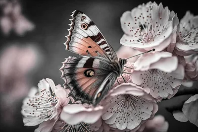 Butterfly Resting On Delicate Pink Cherry Blossoms