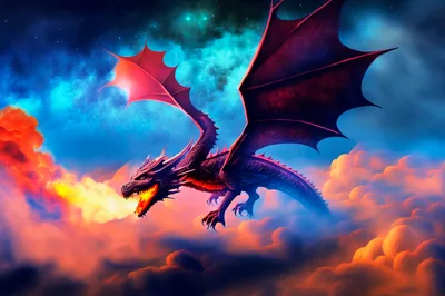 Majestic Dragon Breathing Fire Above Vibrant Clouds