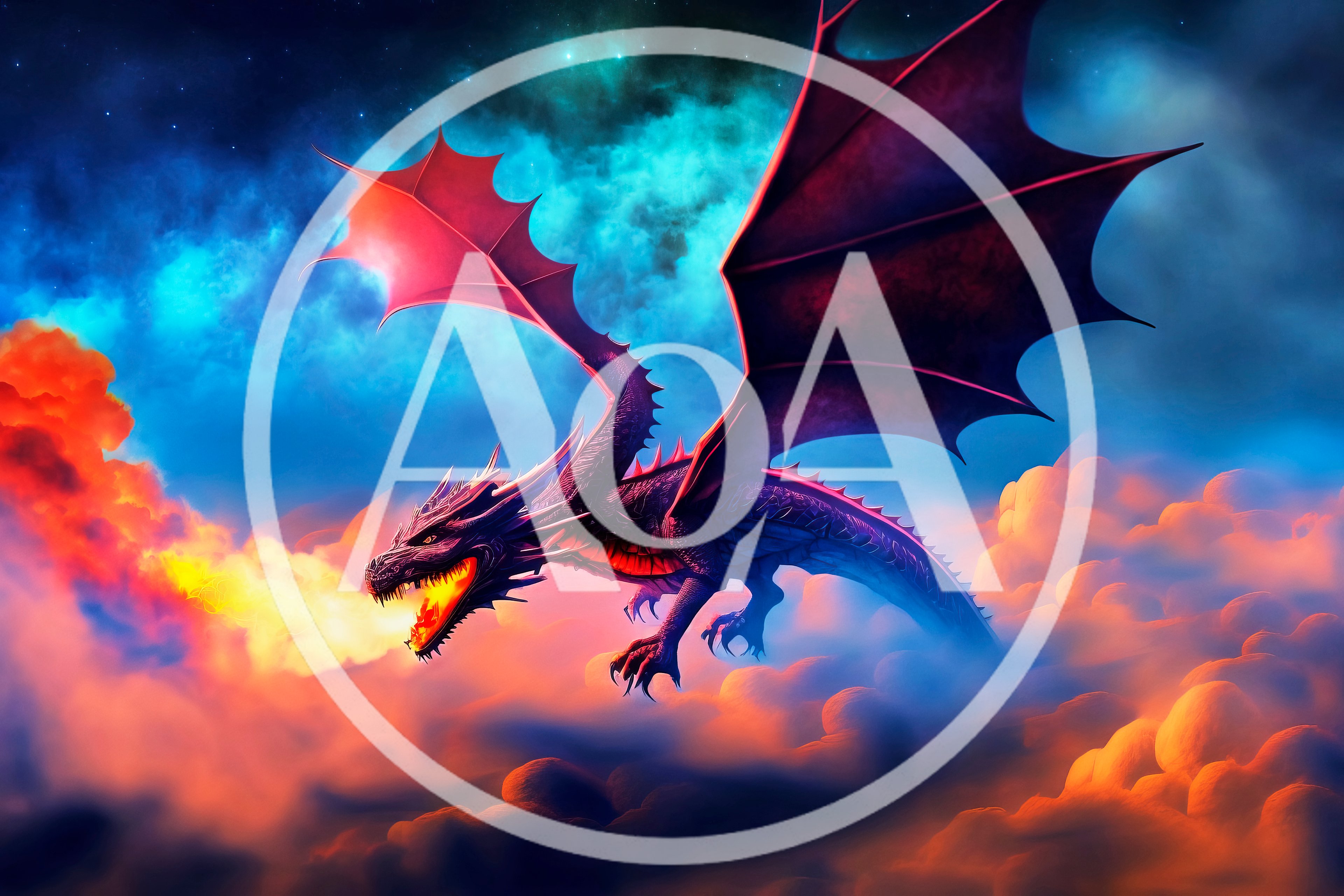 Majestic Dragon Breathing Fire Above Vibrant Clouds
