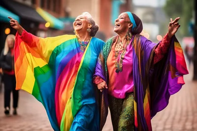 Two Joyful Senior Women Celebrating Pride Parade