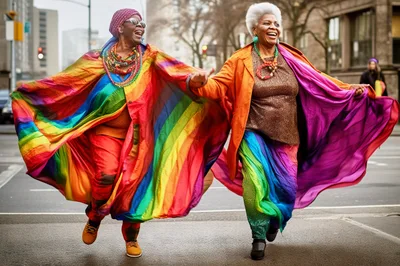 Two Joyful Senior Women Celebrating at Pride Parade