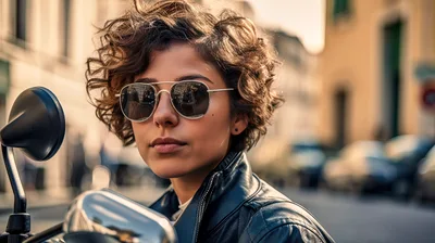 Stylish Woman With Curly Hair Wearing Sunglasses On A Scooter