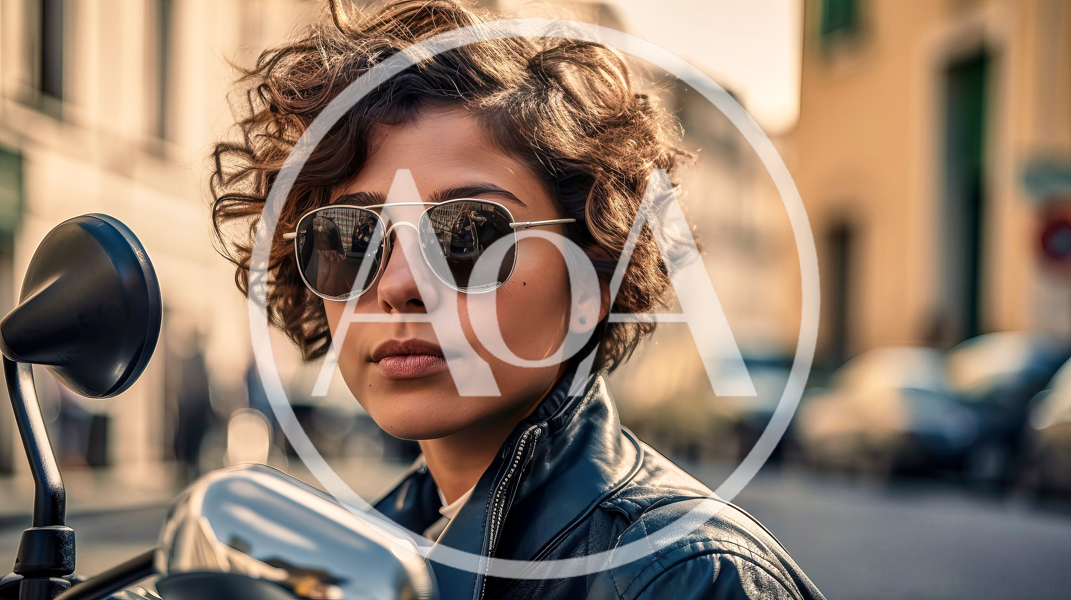Stylish Woman With Curly Hair Wearing Sunglasses On A Scooter