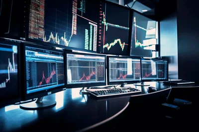 Financial Trading Desk With Multiple Computer Monitors