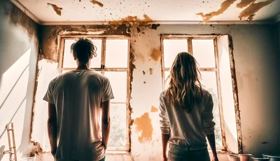 Young Couple Standing Before Windows In Dilapidated Room