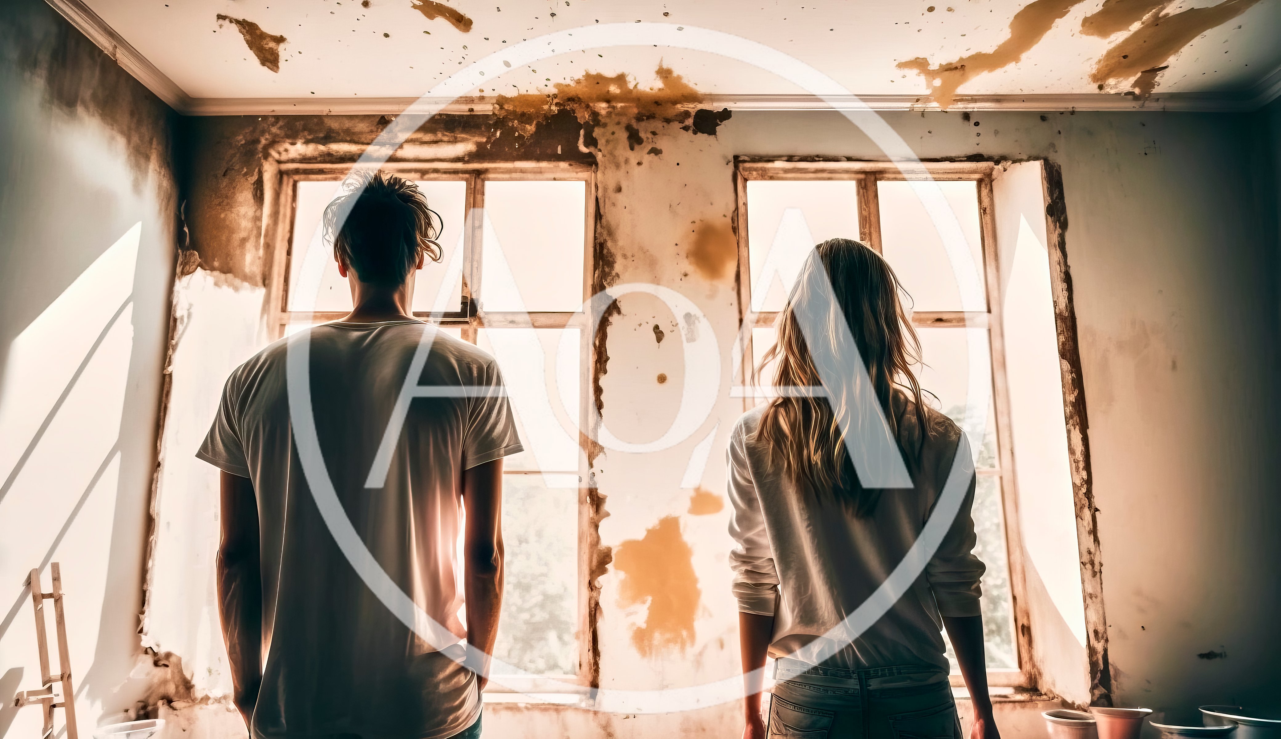 Young Couple Standing Before Windows In Dilapidated Room