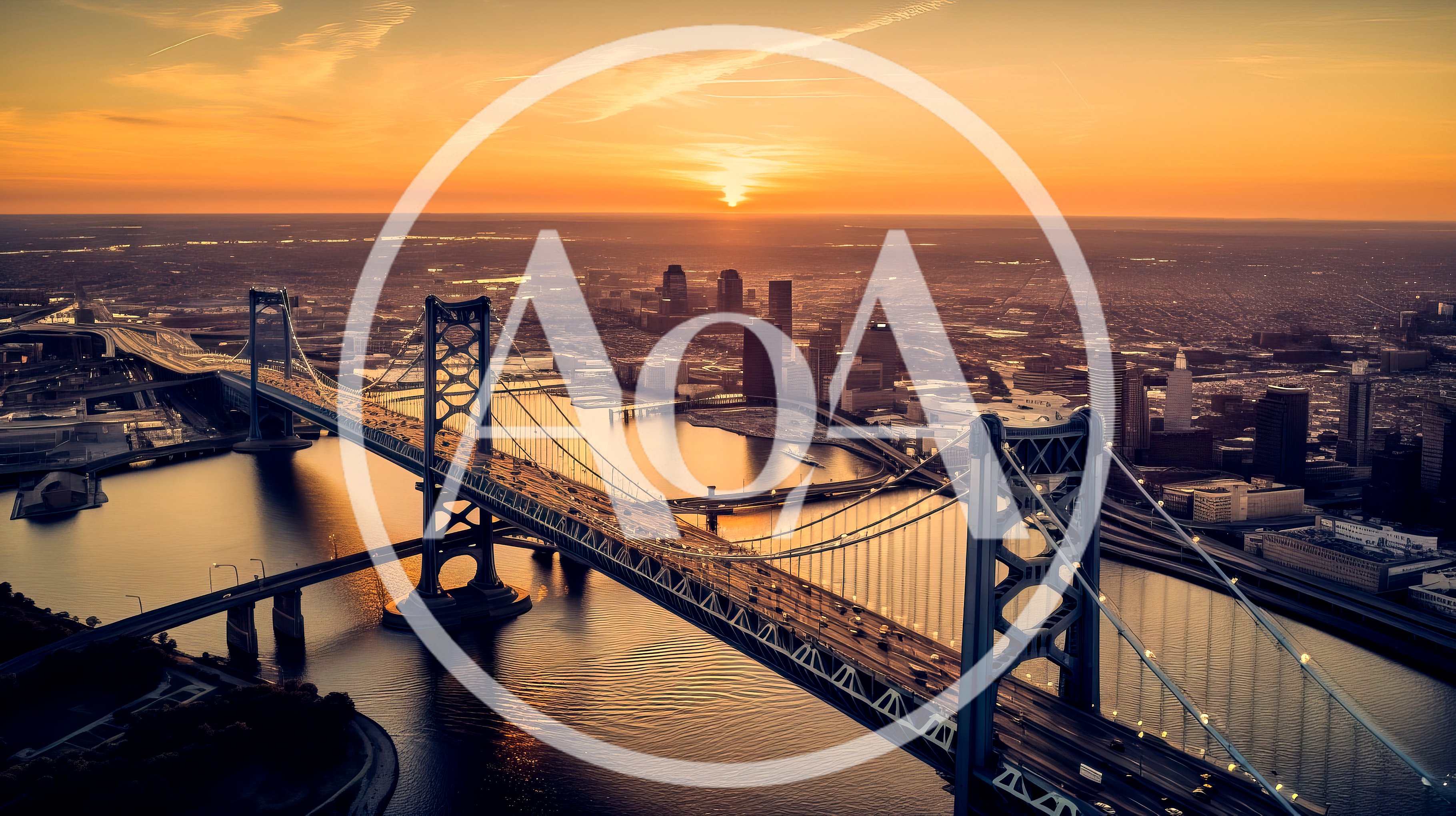 Aerial View Of Benjamin Franklin Bridge At Sunset