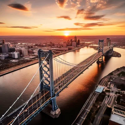 Aerial View Of Benjamin Franklin Bridge At Sunset