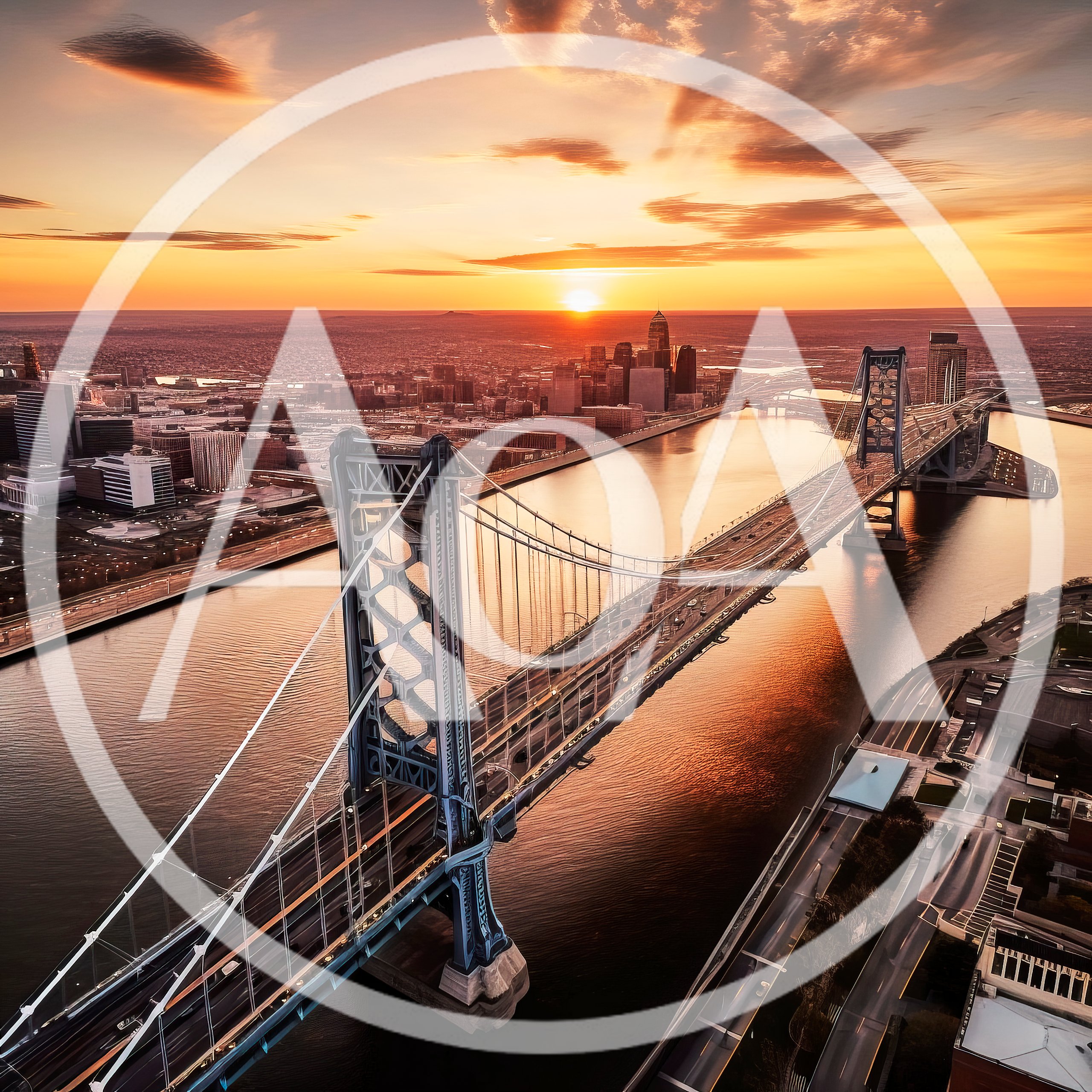 Aerial View Of Benjamin Franklin Bridge At Sunset