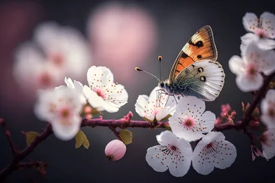 Butterfly Resting On Blooming Cherry Blossom Branch