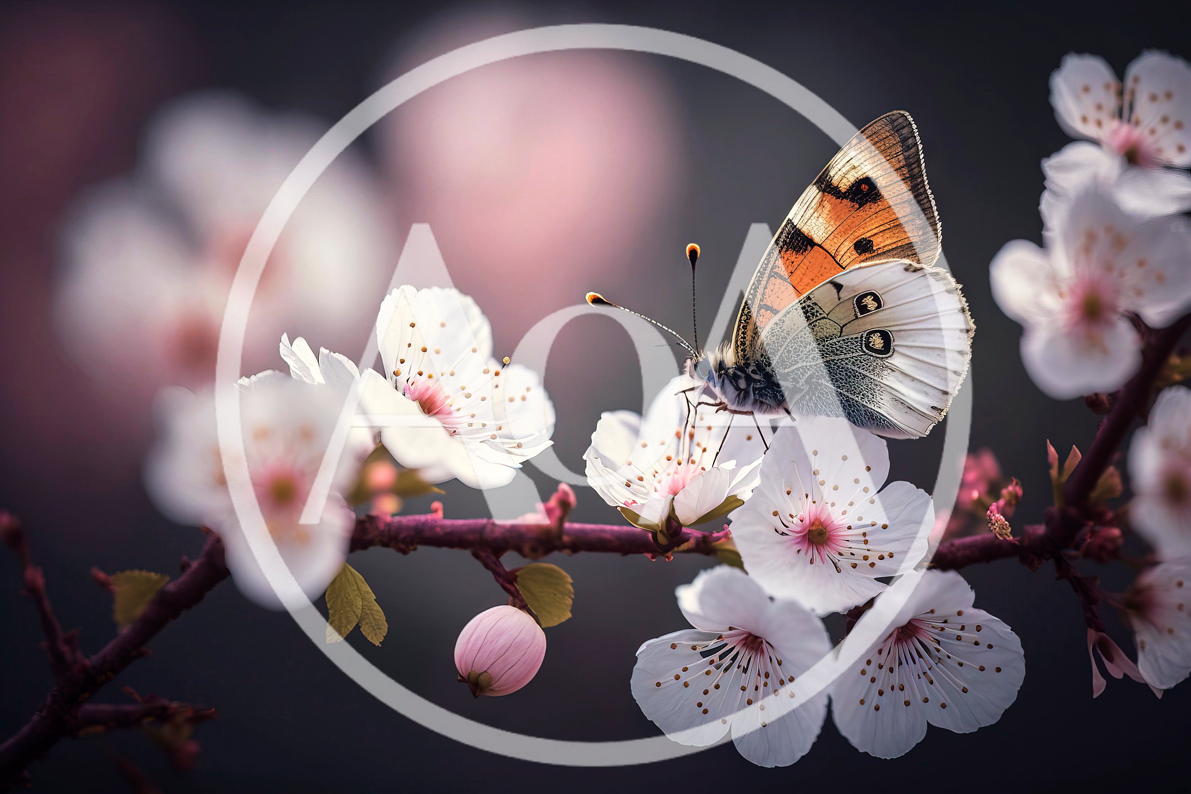 Butterfly Resting On Blooming Cherry Blossom Branch