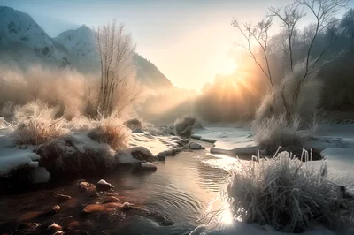 Frozen Winter River Landscape At Sunrise