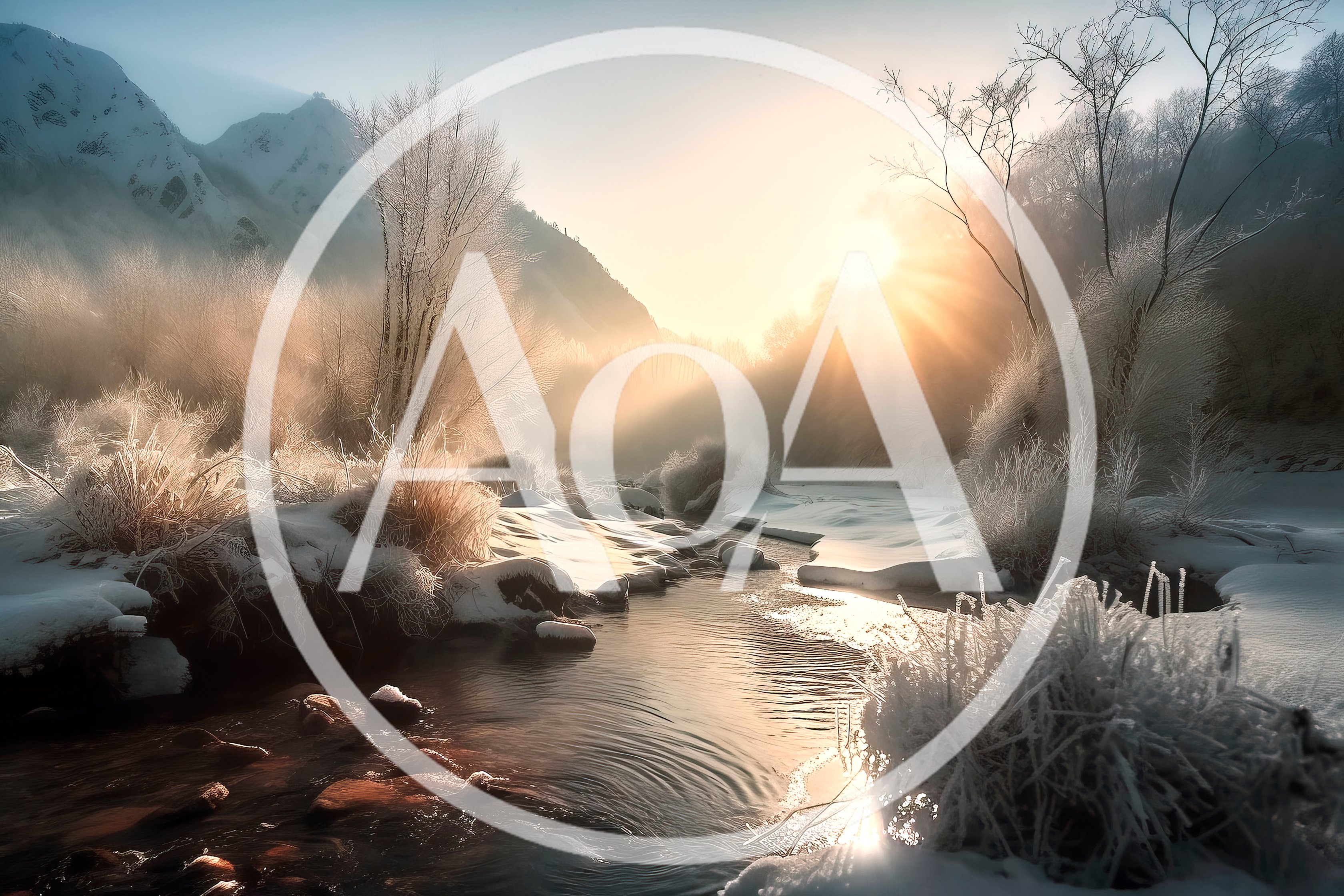 Frozen Winter River Landscape At Sunrise