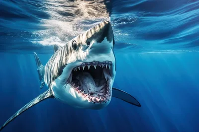 Great White Shark Swimming With Open Mouth