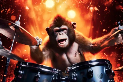 Monkey Playing Drums on Stage with Fiery Background