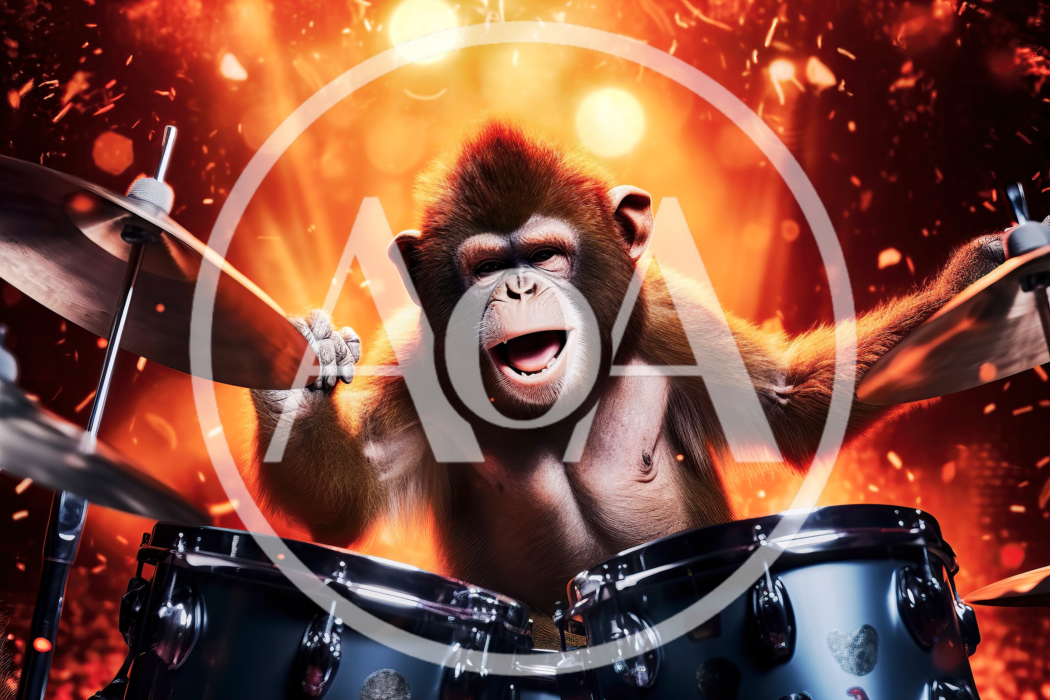 Monkey Playing Drums on Stage with Fiery Background