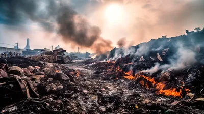Burning Waste Dump Site With Heavy Machinery