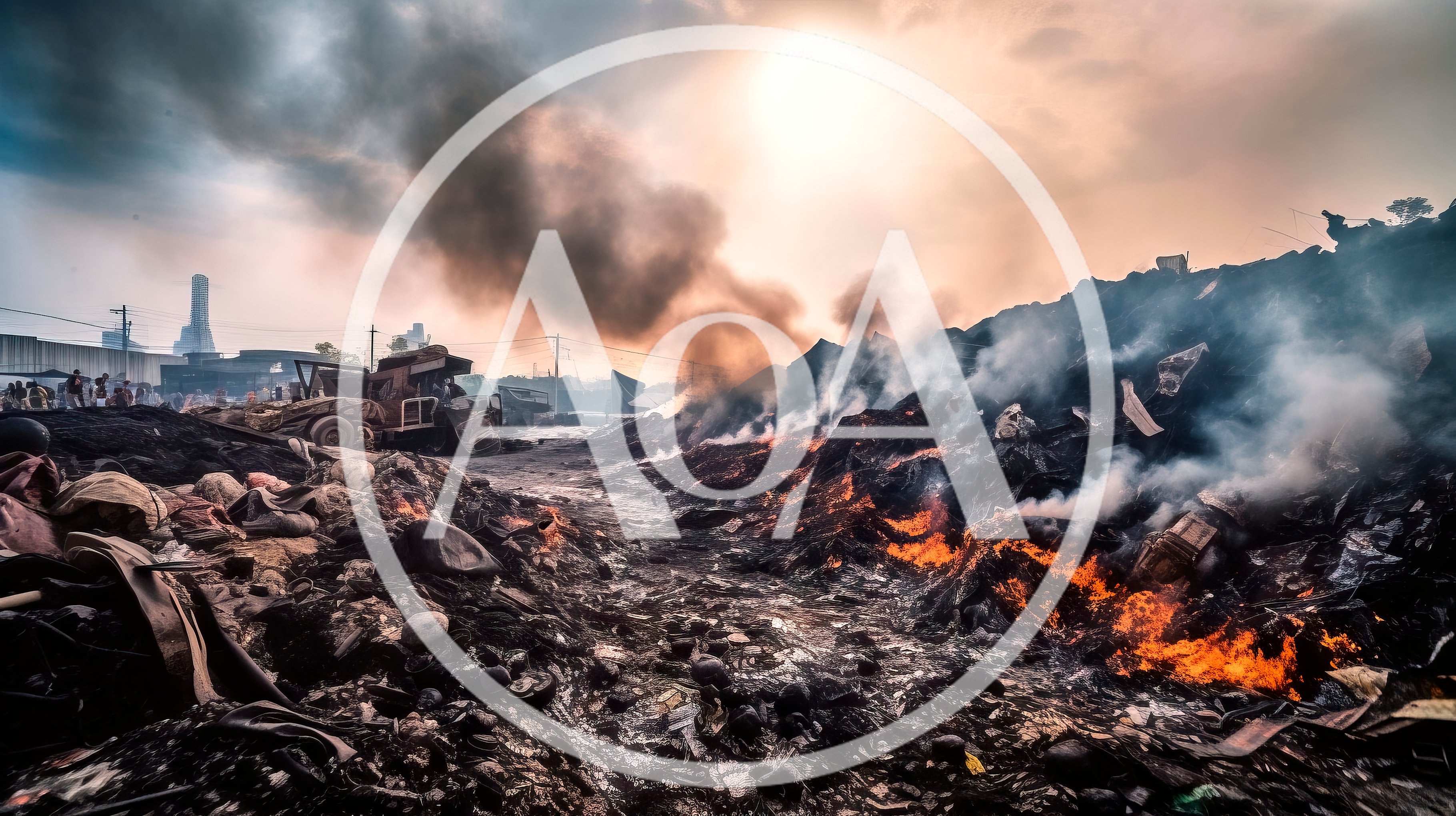 Burning Waste Dump Site With Heavy Machinery