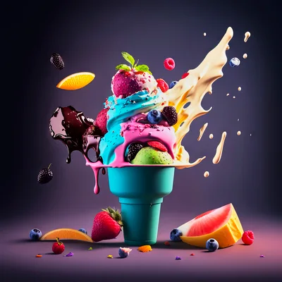 Colorful Ice Cream Sundae With Fruit And Sauce Splash