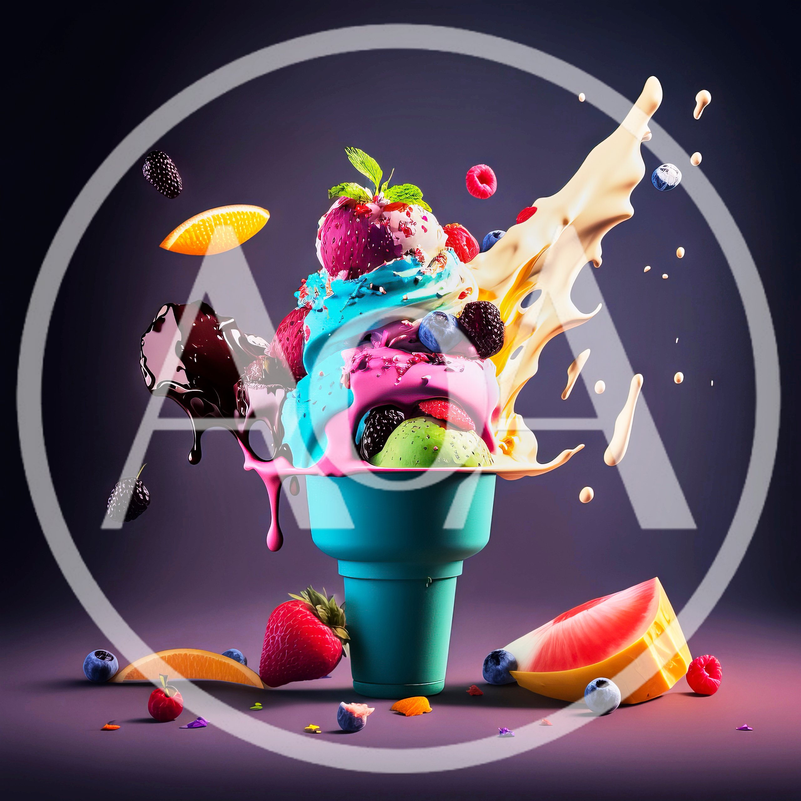 Colorful Ice Cream Sundae With Fruit And Sauce Splash