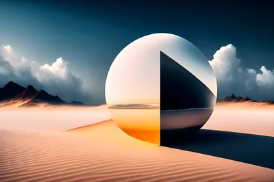 Surreal Metallic Sphere Reflecting Desert Landscape