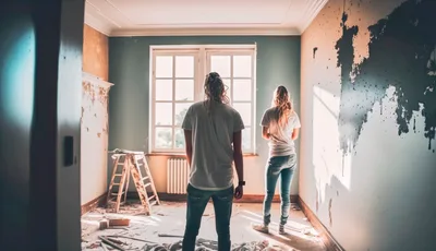 Couple Standing In A Renovating Room Looking Out Window