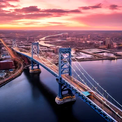 Aerial View Of Benjamin Franklin Bridge At Sunset
