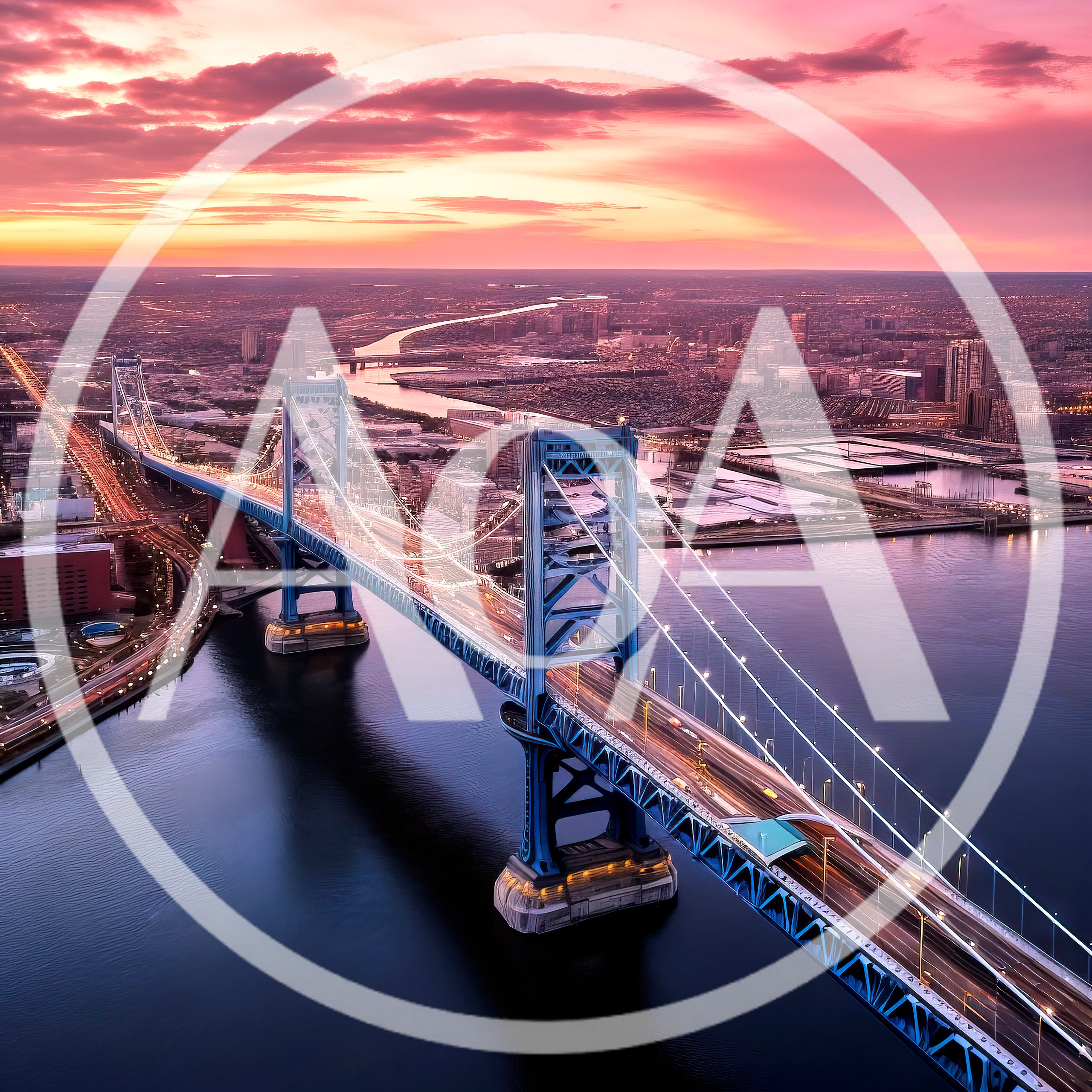 Aerial View Of Benjamin Franklin Bridge At Sunset
